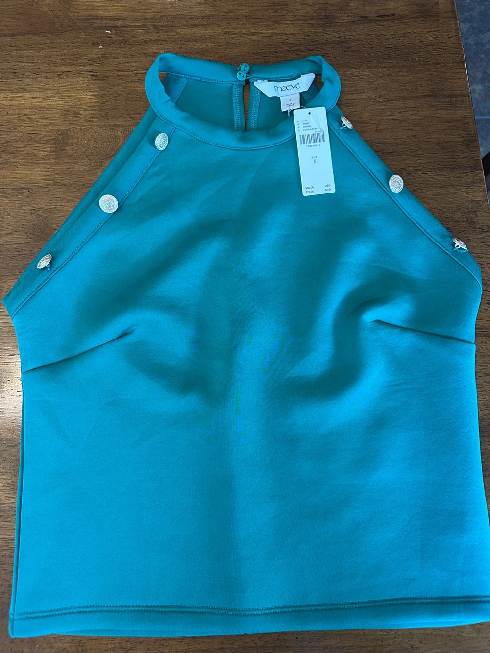 Maeve Emerald Green Halter Tank with Gold Button Accents